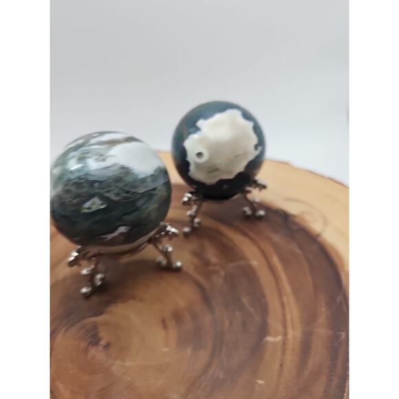 1 Pair Moss Tree Agate Sphere W/Stand 52mm .93lb - Picture 5 of 10